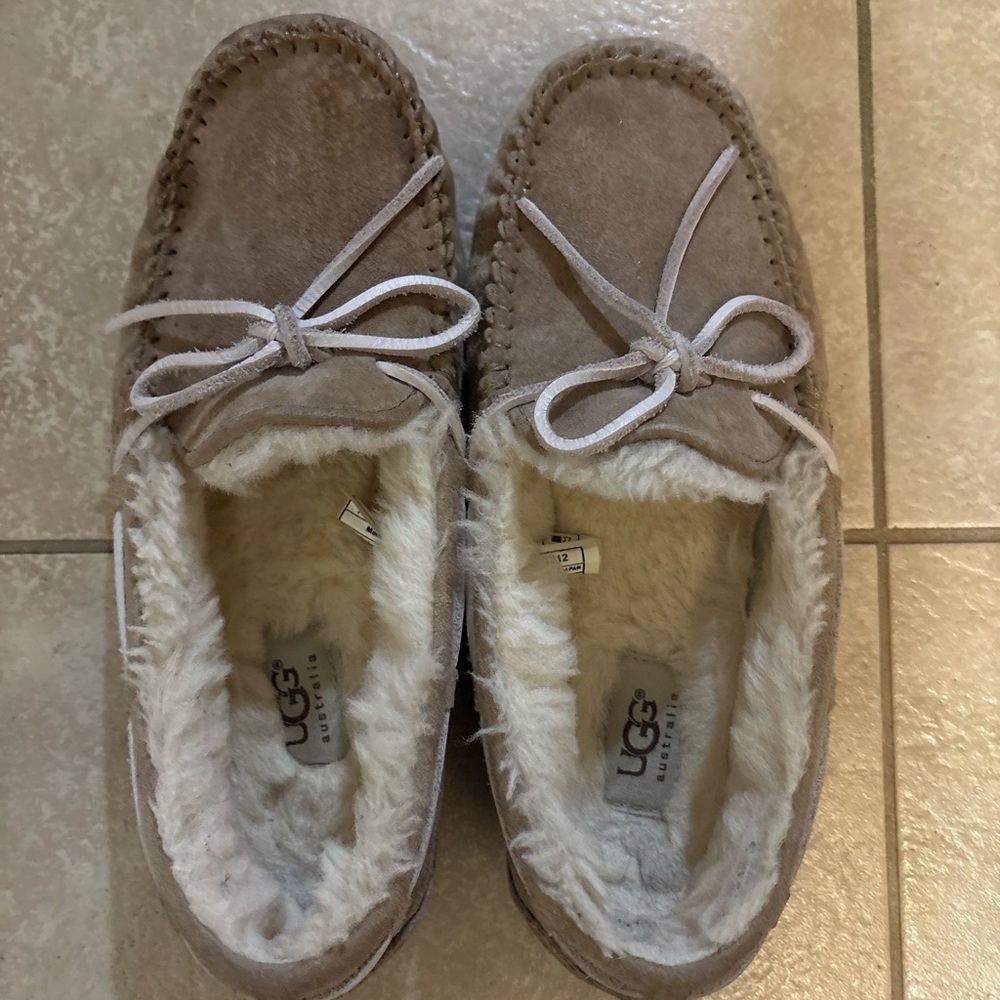 UGG Light Brown Suede Shearling-Lined Moccasin Slippers
